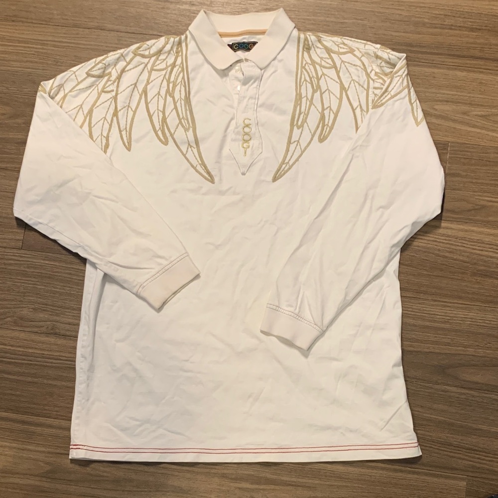 White Long-Sleeve Polo Shirt with Gold Wing Embroidery